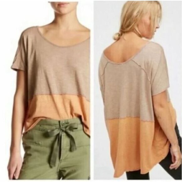 FREE PEOPLE Sz XS WE THE FREE MIDNIGHT COLORBLOCK SHORT SLEEVE TEE PEACH COMB - Picture 1 of 14